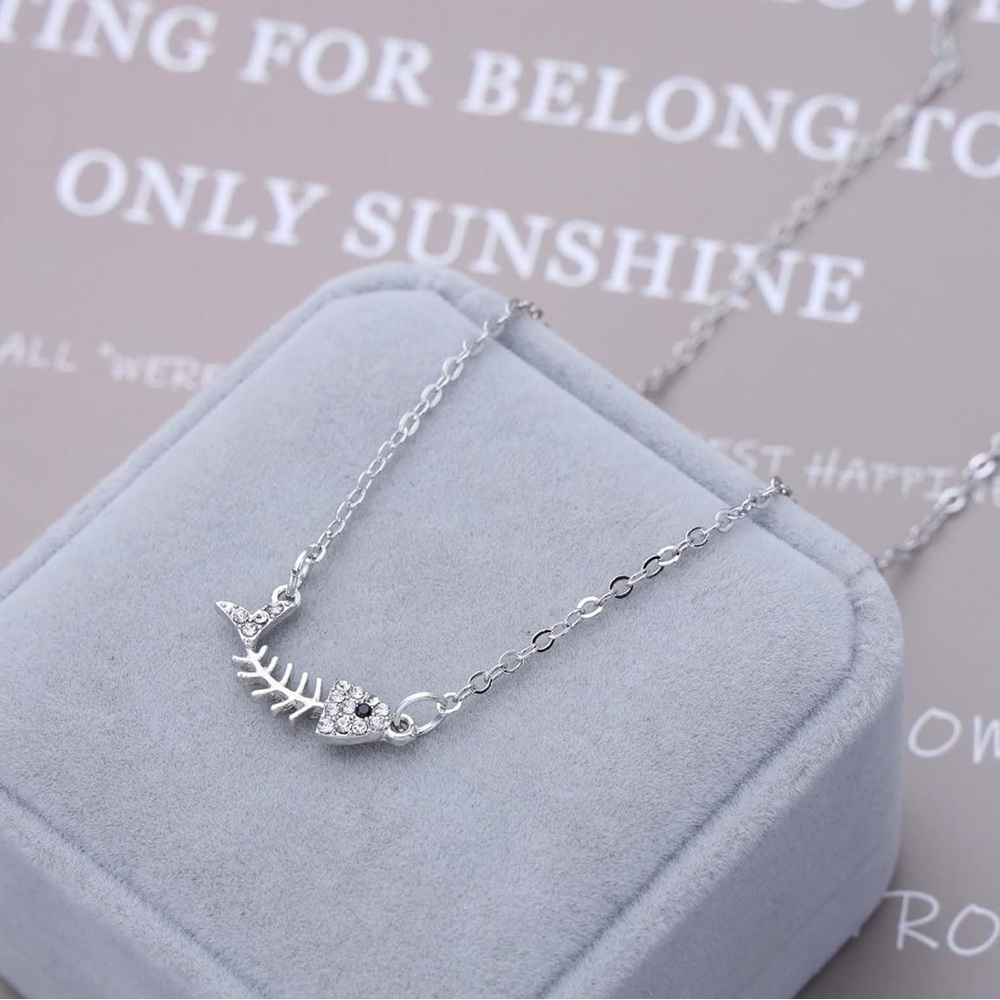 Swarovski Inspired Silver Fishbone Necklace